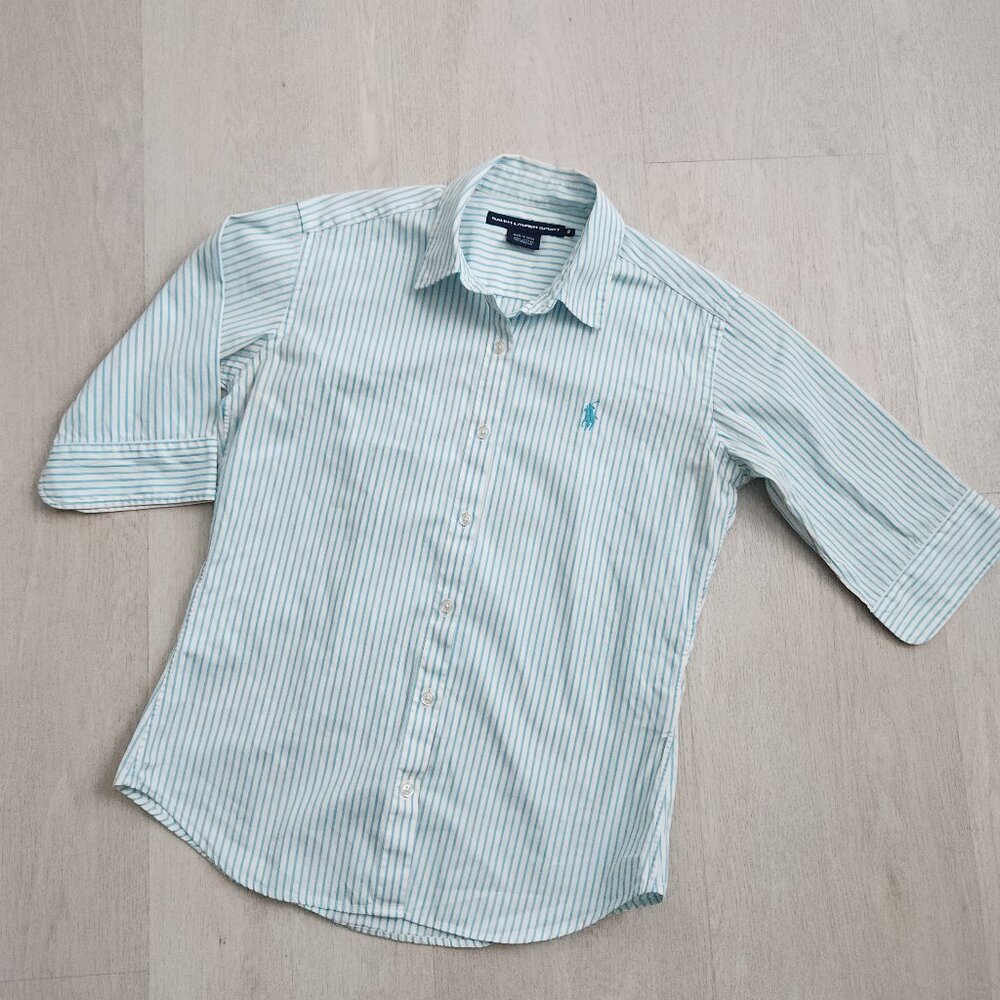 Blue Shirt Ralph Lauren Striped Collared 3/4 Sleeve Button Down